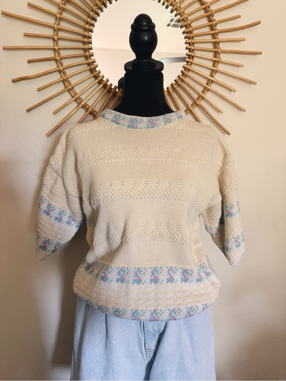 Cream Short-Sleeve Knit Sweater with Pastel Floral Trim